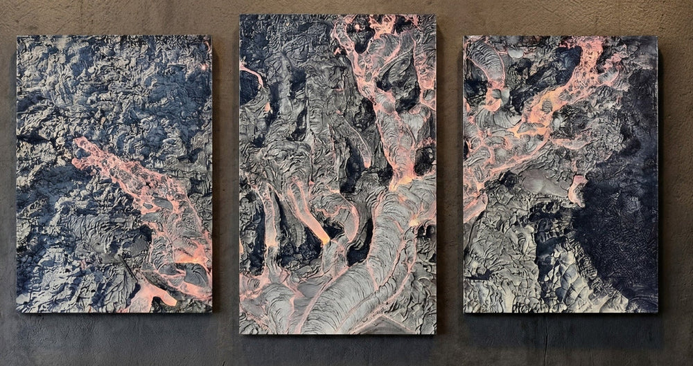 3-Panel Canvas Wall Art Lava showing an aerial view of glowing lava flows through black volcanic rock