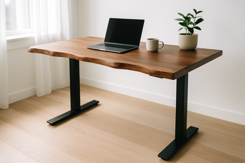 Walnut live edge desk on black adjustable legs standing on a pale oak floor