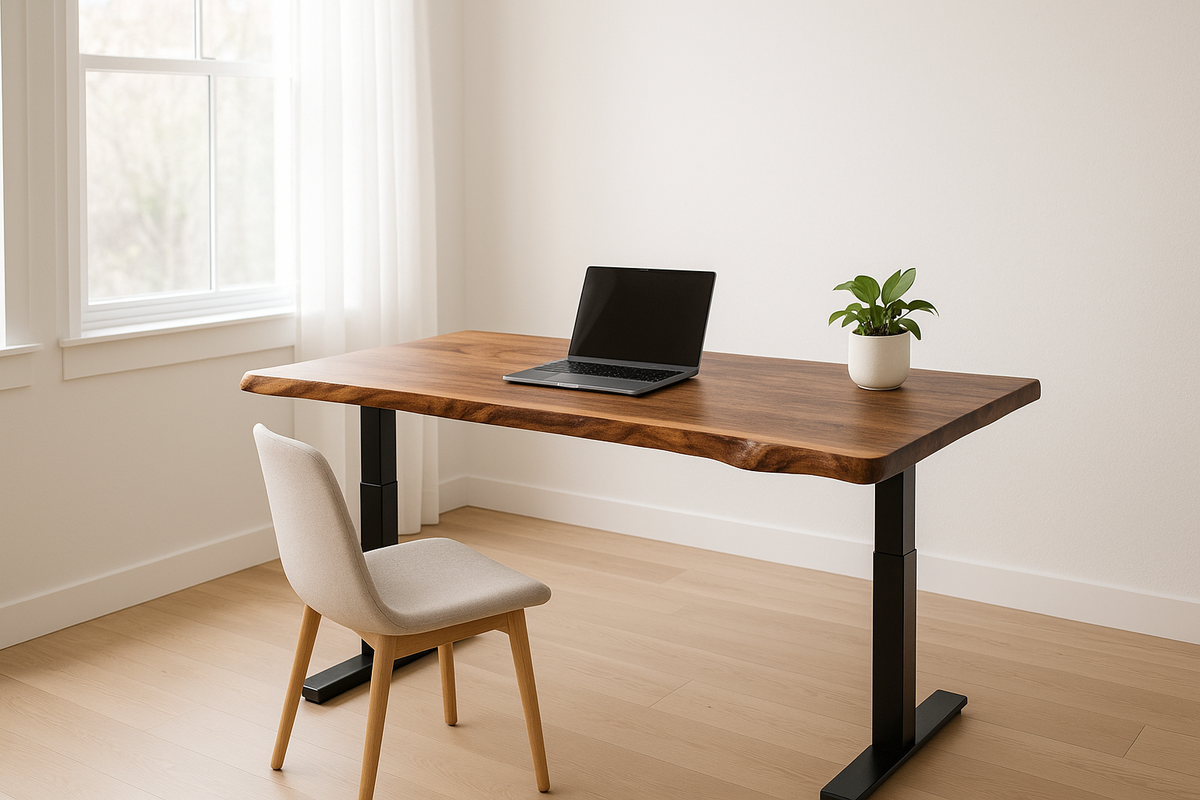 Walnut live edge desk on a black height-adjustable frame in a bright home office