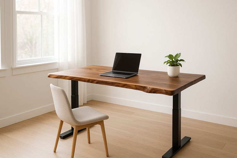 Walnut live edge desk on a black height-adjustable frame in a bright home office