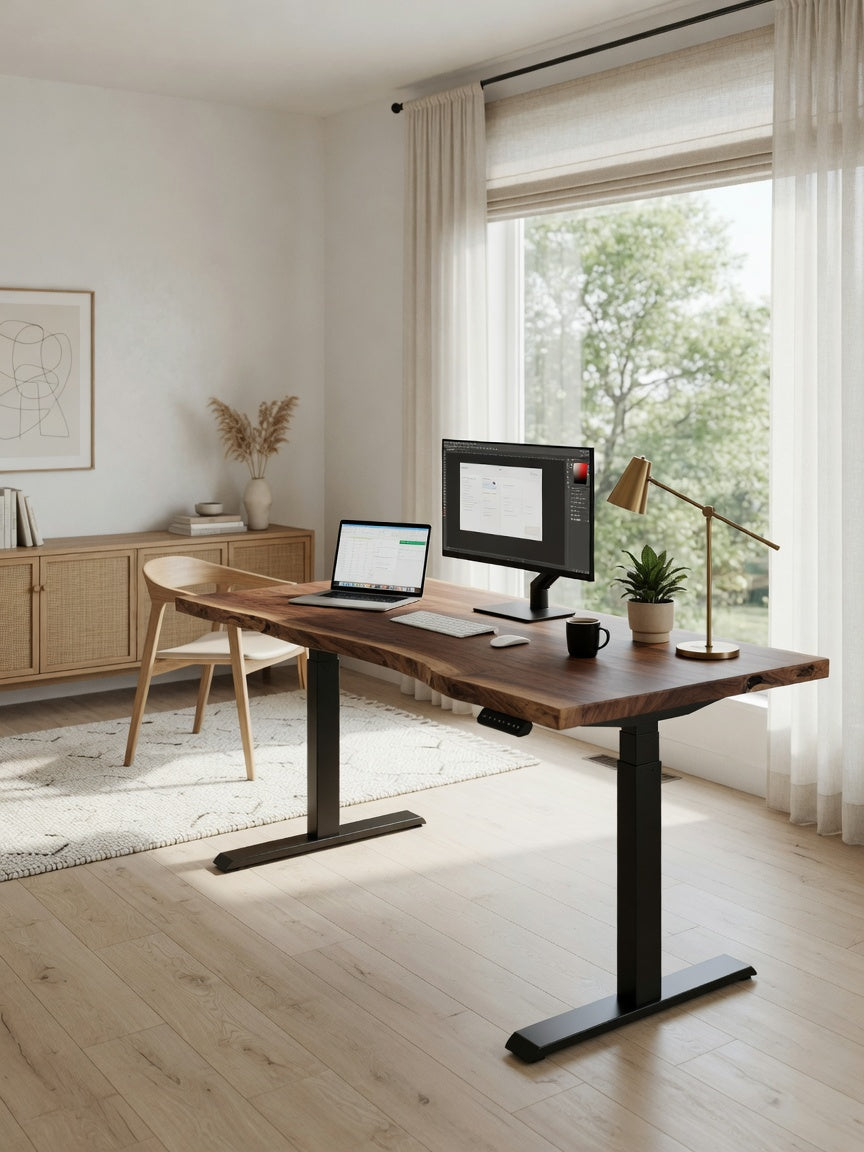 Walnut live edge height-adjustable standing desk in a bright modern home office