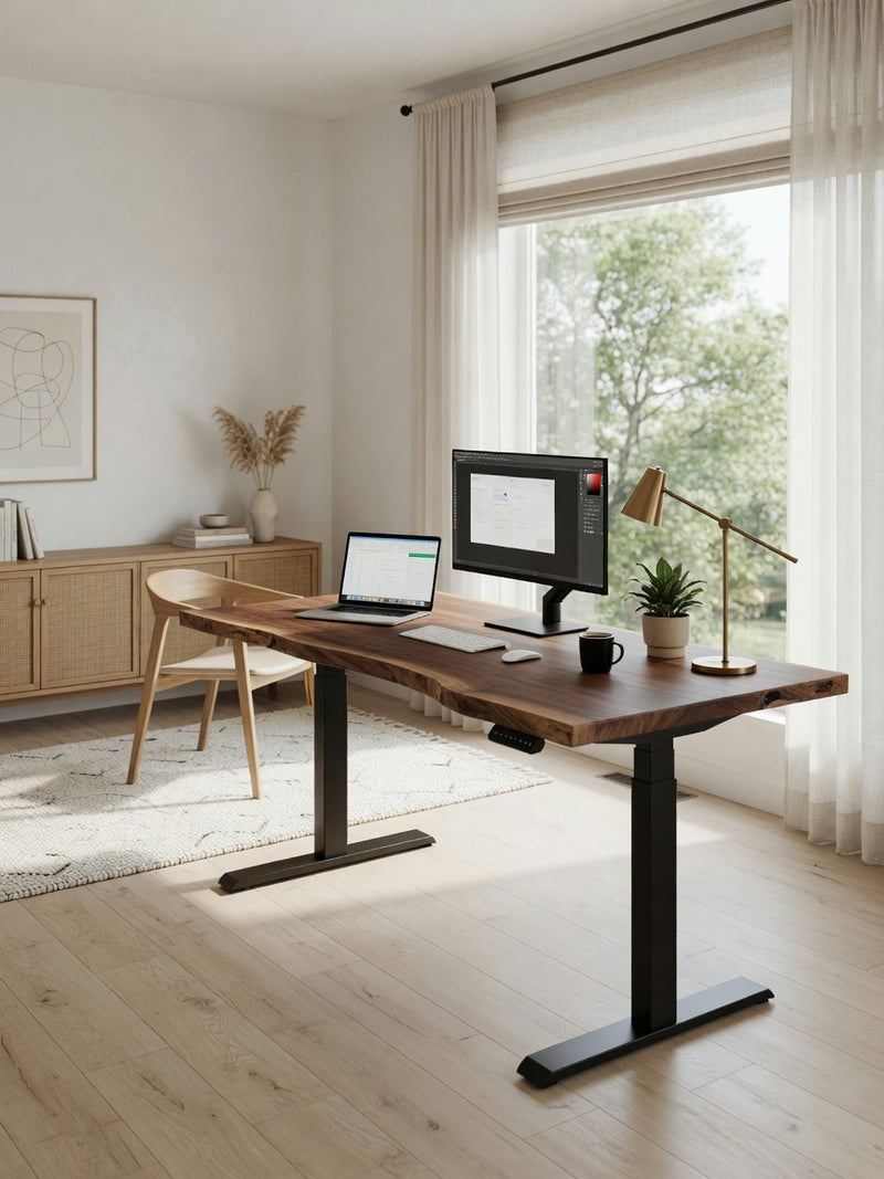 Walnut live edge height-adjustable standing desk in a bright modern home office
