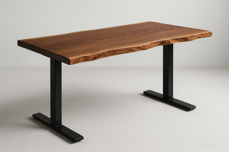 Solid live edge hardwood desktop on matte black adjustable steel legs