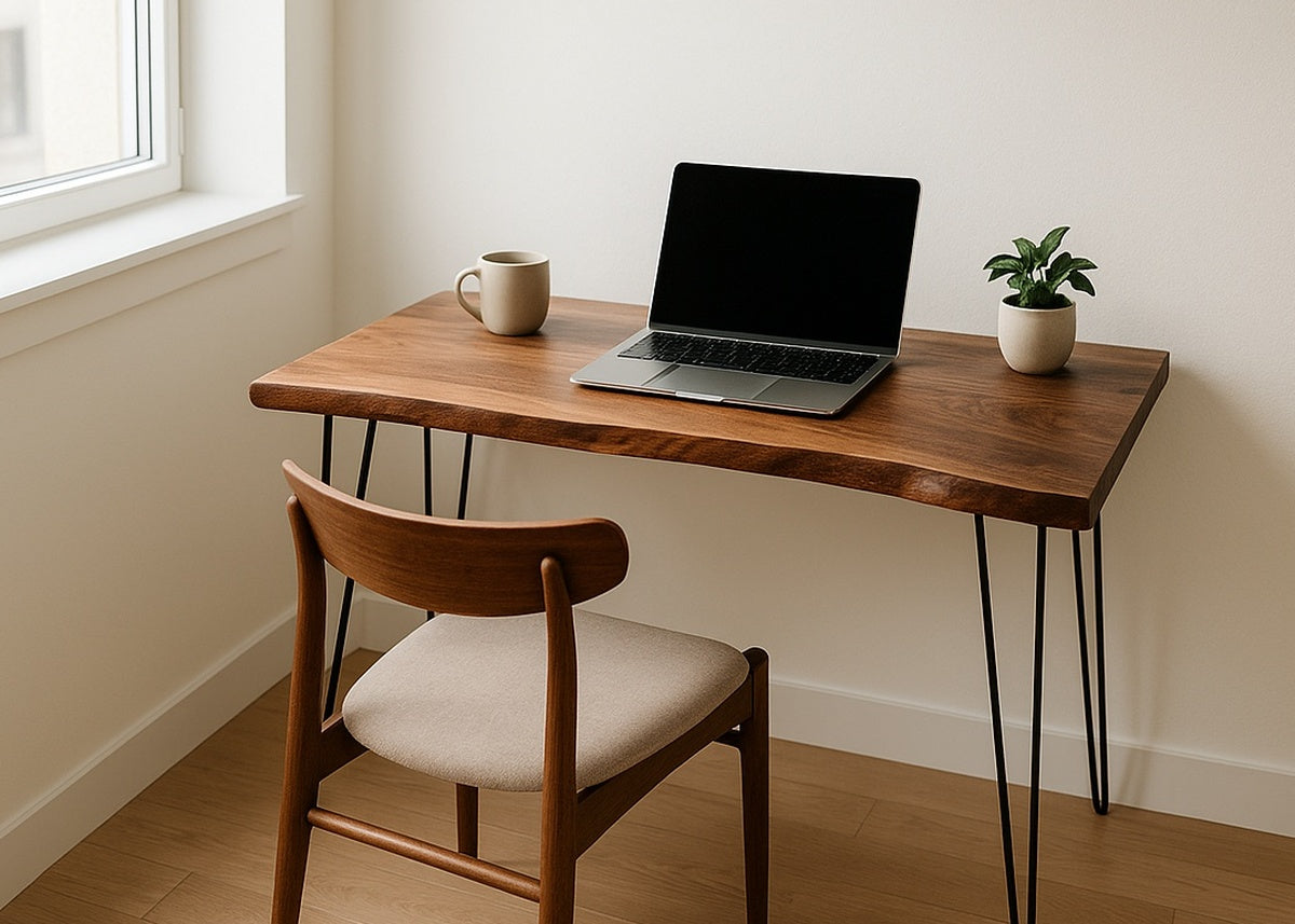 Walnut desk with hairpin legs and chair in a compact home office