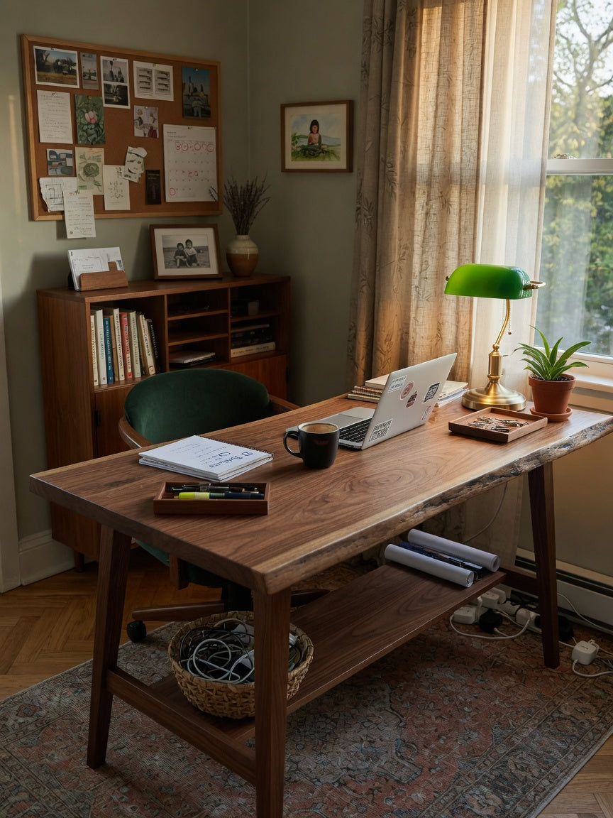 Ergonomic walnut desk home office setup with natural lighting