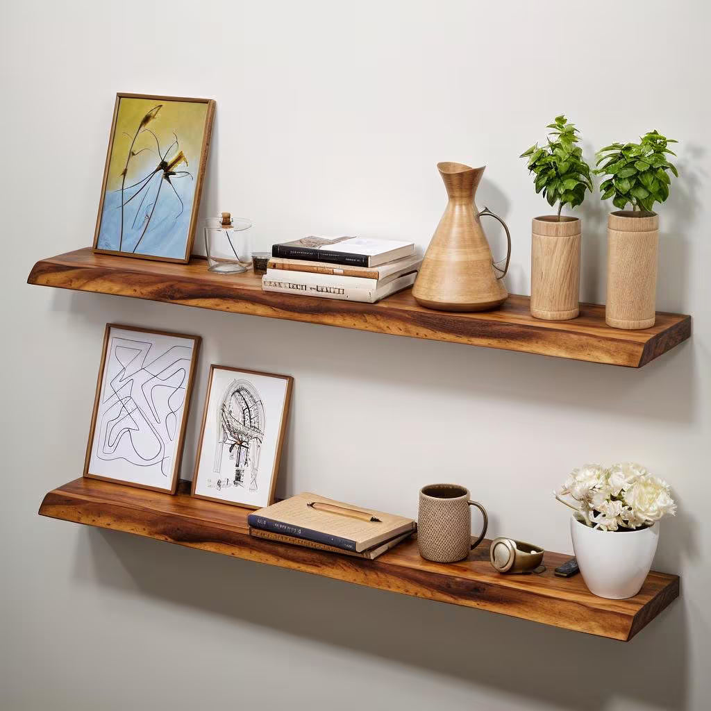 Keelan Scott live edge floating shelf styled with plants and decor in a modern living room