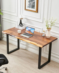 Live Edge Desk with walnut top and black U-shaped legs in a home office with laptop