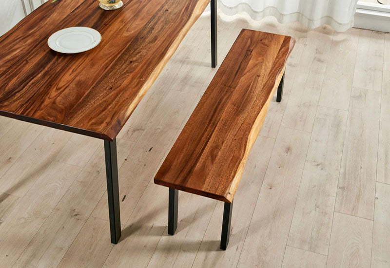 Live Edge Dining Bench paired with matching walnut dining table on light wood floor