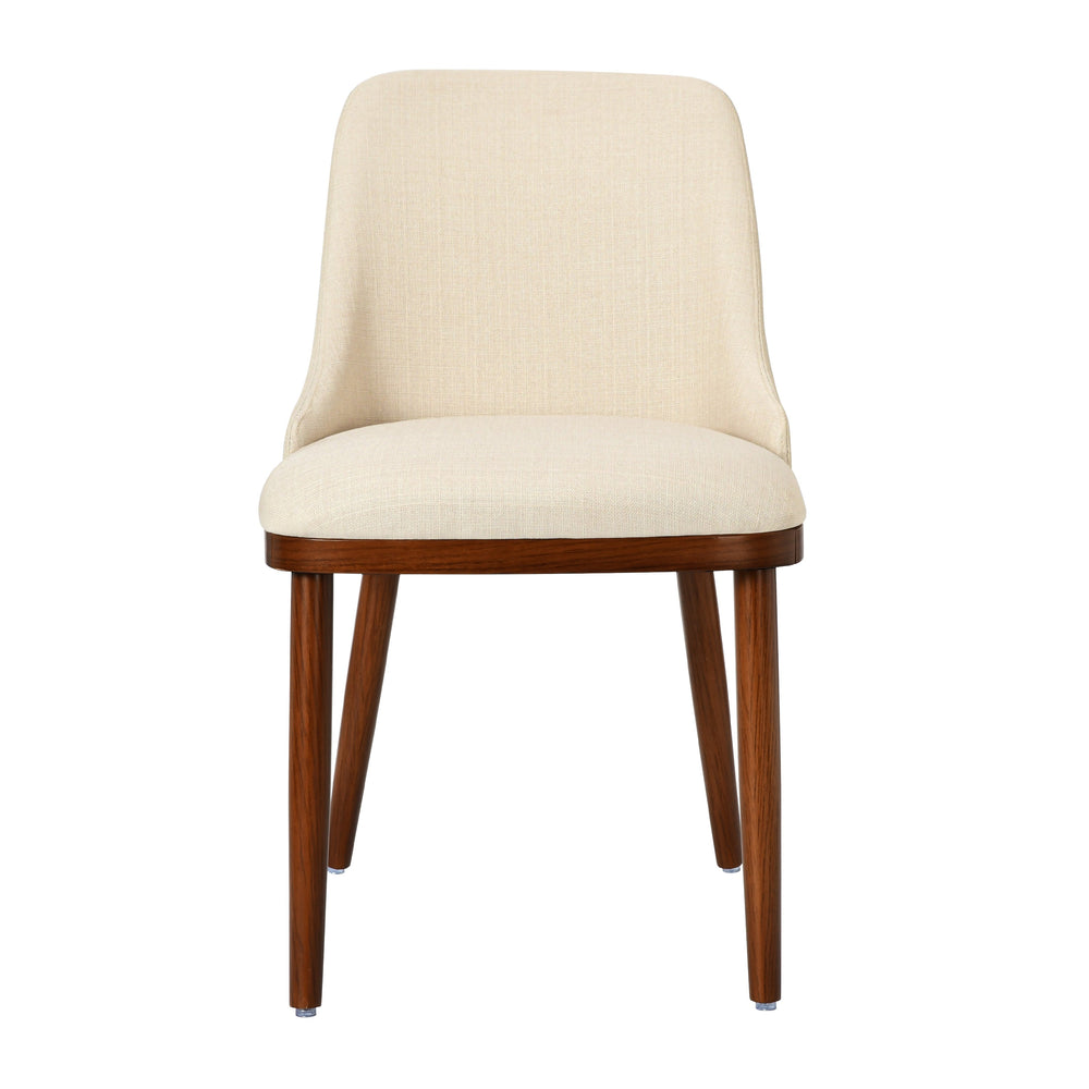 Front studio view of Modern Upholstered Dining Chair in cream fabric with walnut legs