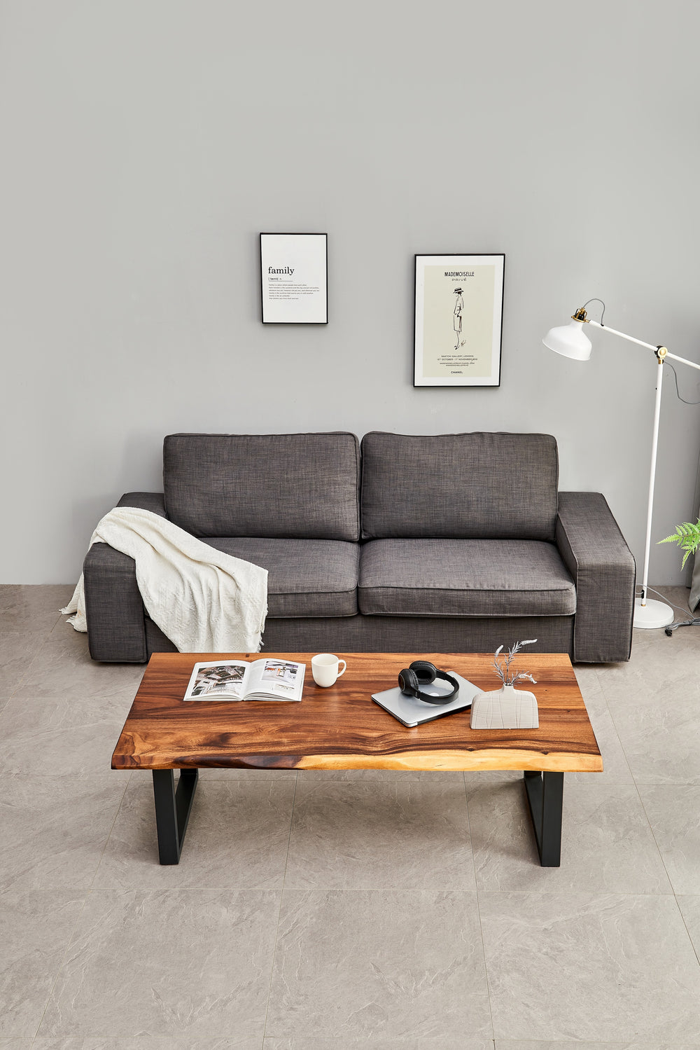 Live Edge Coffee Table styled with books and coffee in a gray-sofa living room