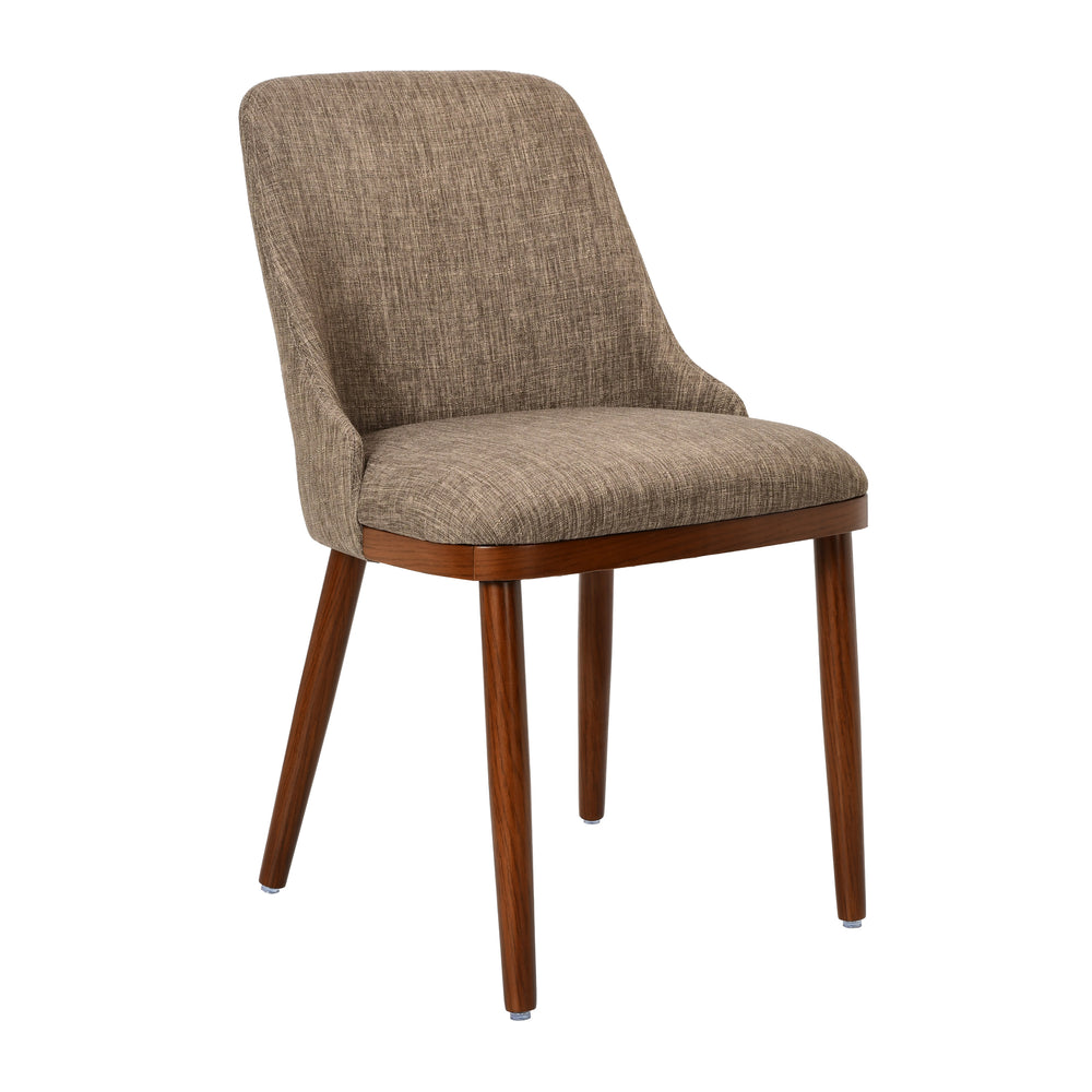 Brown upholstered dining chair with walnut legs