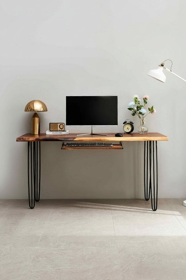 Live Edge Desk with walnut top and black hairpin legs holding a monitor and keyboard tray