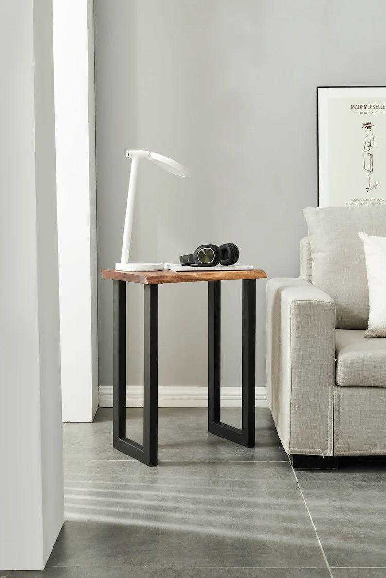 Live Edge End Table with a lamp and headphones next to a linen sofa