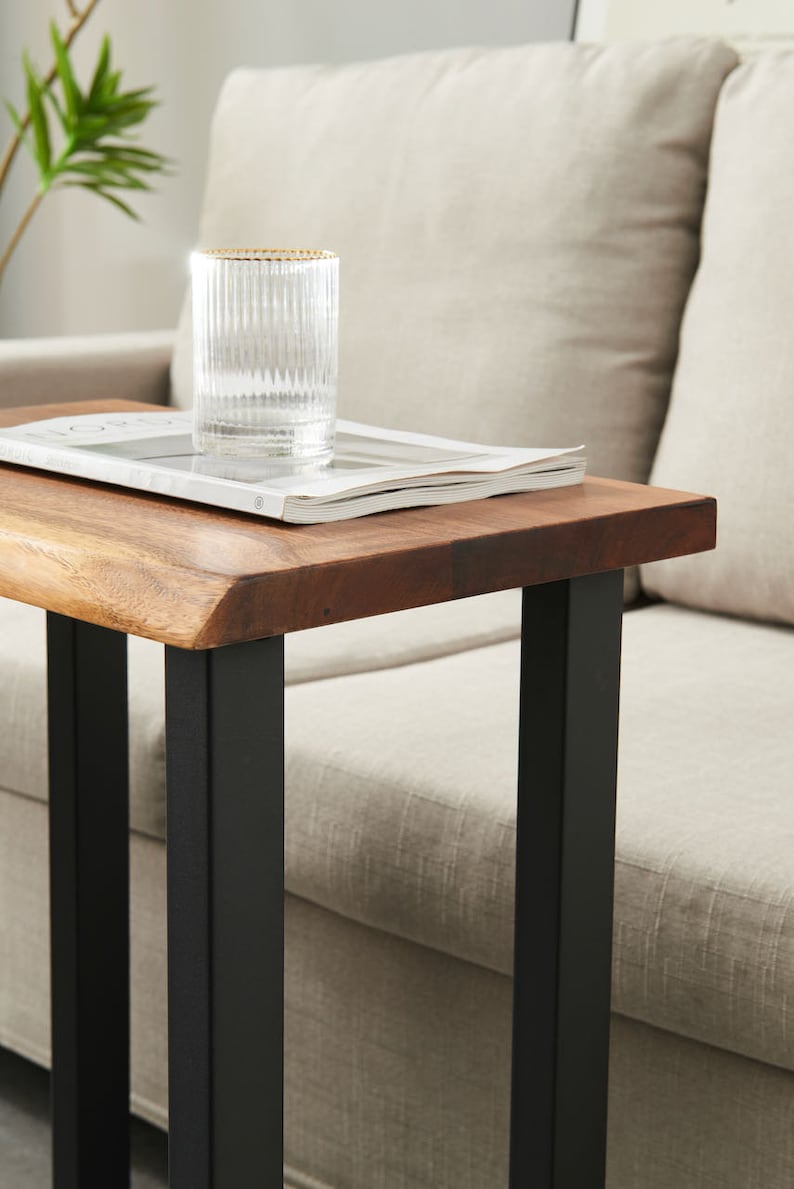 Close-up of Live Edge End Table walnut live edge top and black metal legs