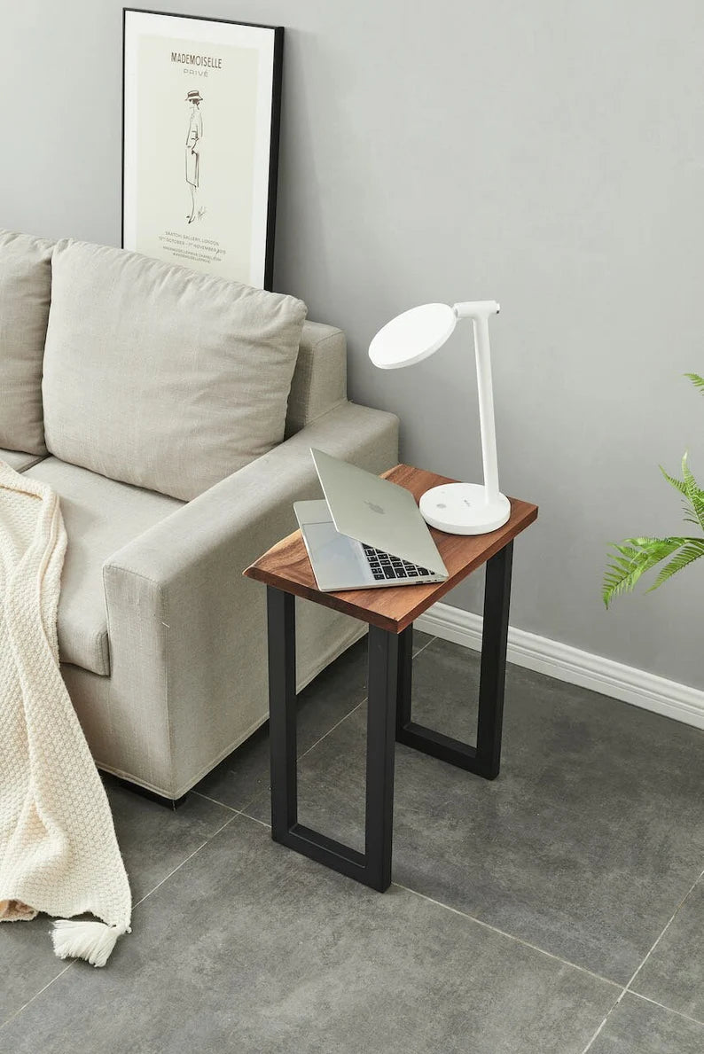 Live Edge End Table used as a laptop side table beside a sofa