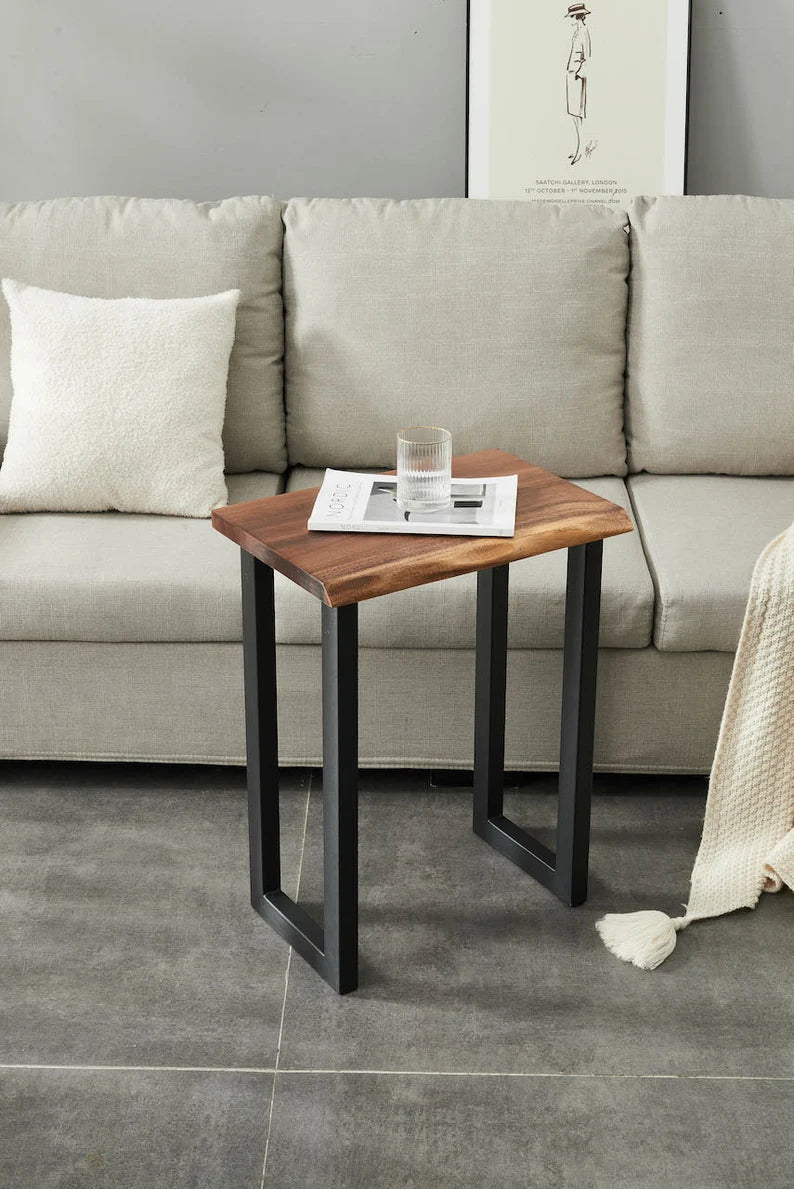 Live Edge End Table styled with a magazine and glass beside a sofa