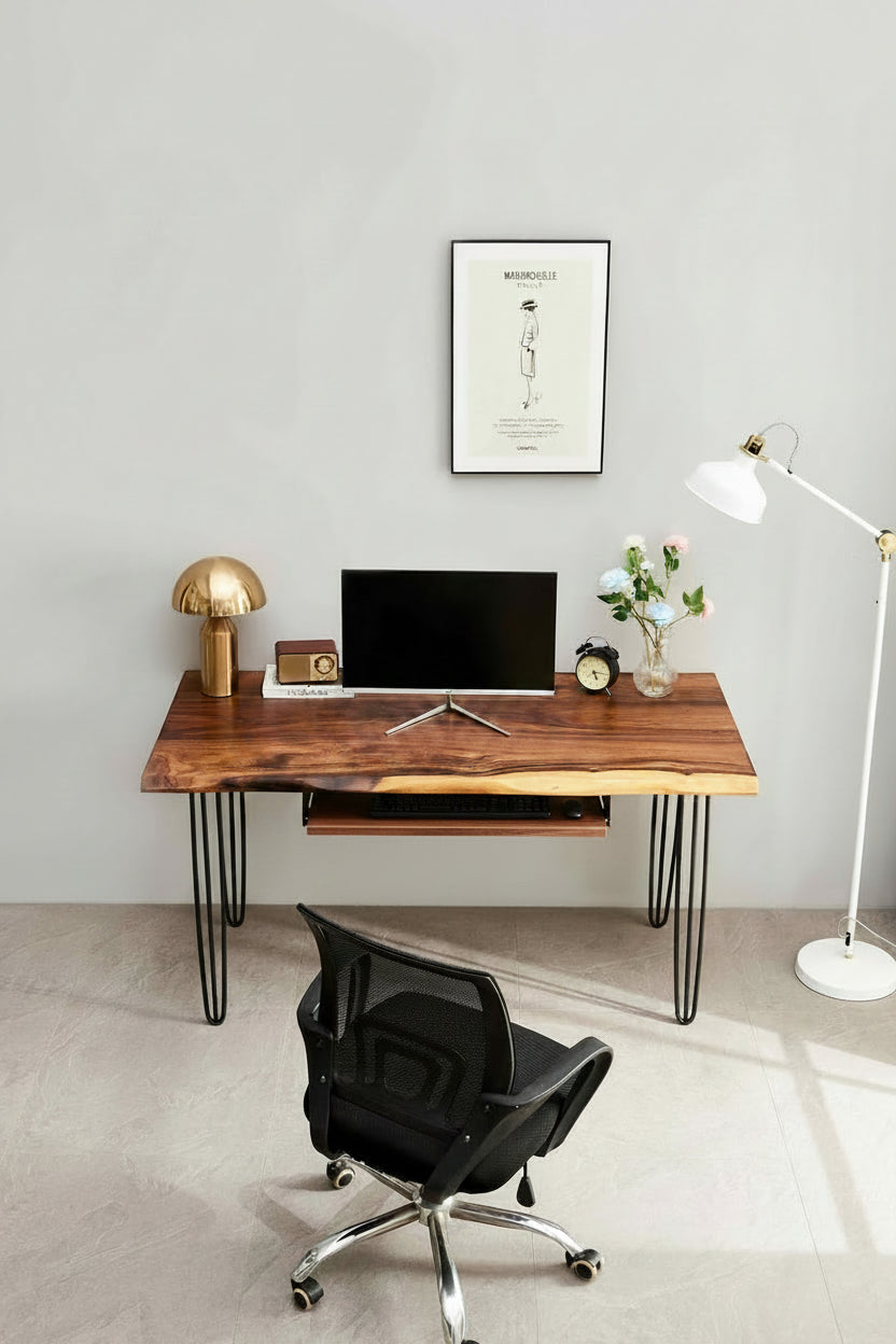 Modern home office with wooden desk, chair, and decor