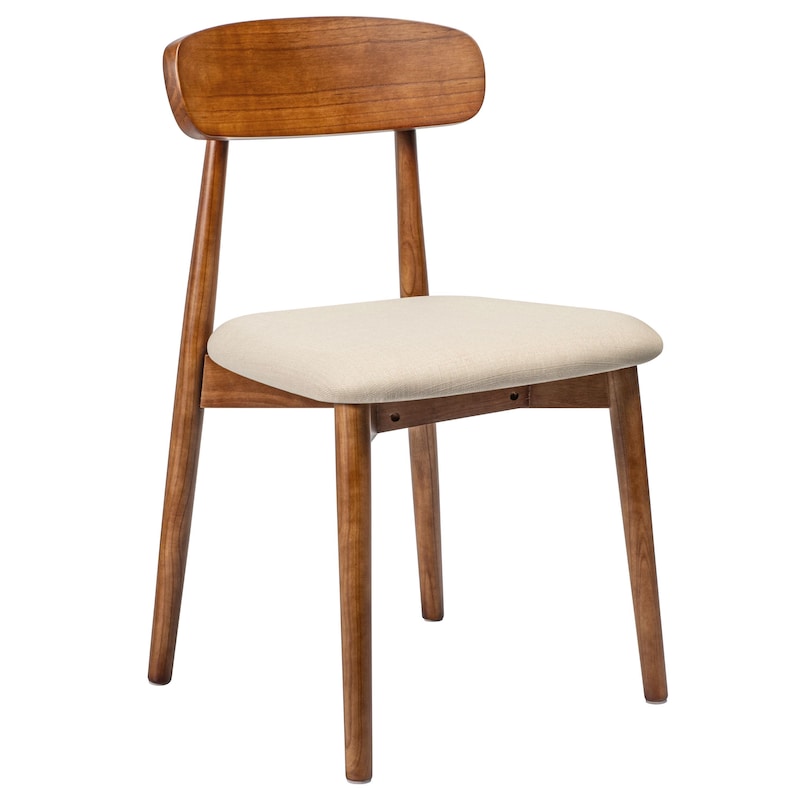 Modern Solid Wood Dining Chair in walnut with beige seat on a white background, three-quarter view
