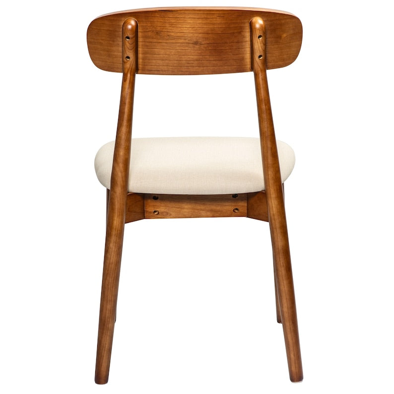 Back view of the Modern Solid Wood Dining Chair showing curved walnut backrest and cream seat