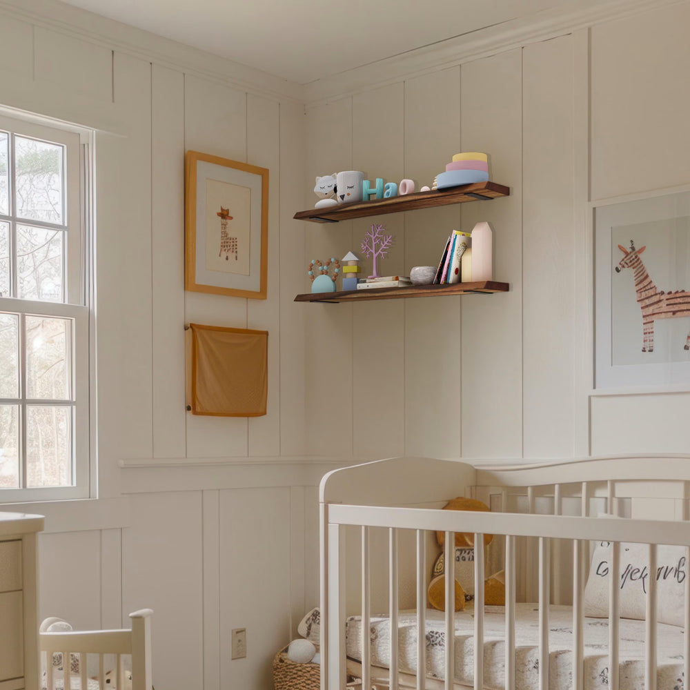 Two No Measure Floating Shelves in live edge walnut styled with toys and books in a nursery