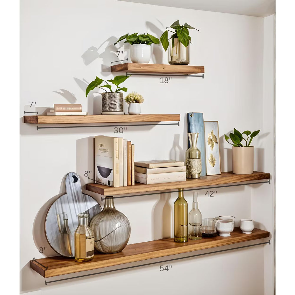 Size guide showing No Measure Floating Shelf lengths of 18, 30, 42 and 54 inches with 7 and 8 inch depths
