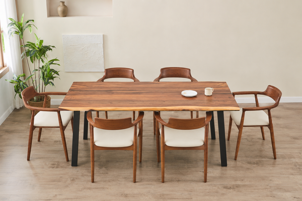 Complete dining set - live edge table with 6 solid wood arm chairs