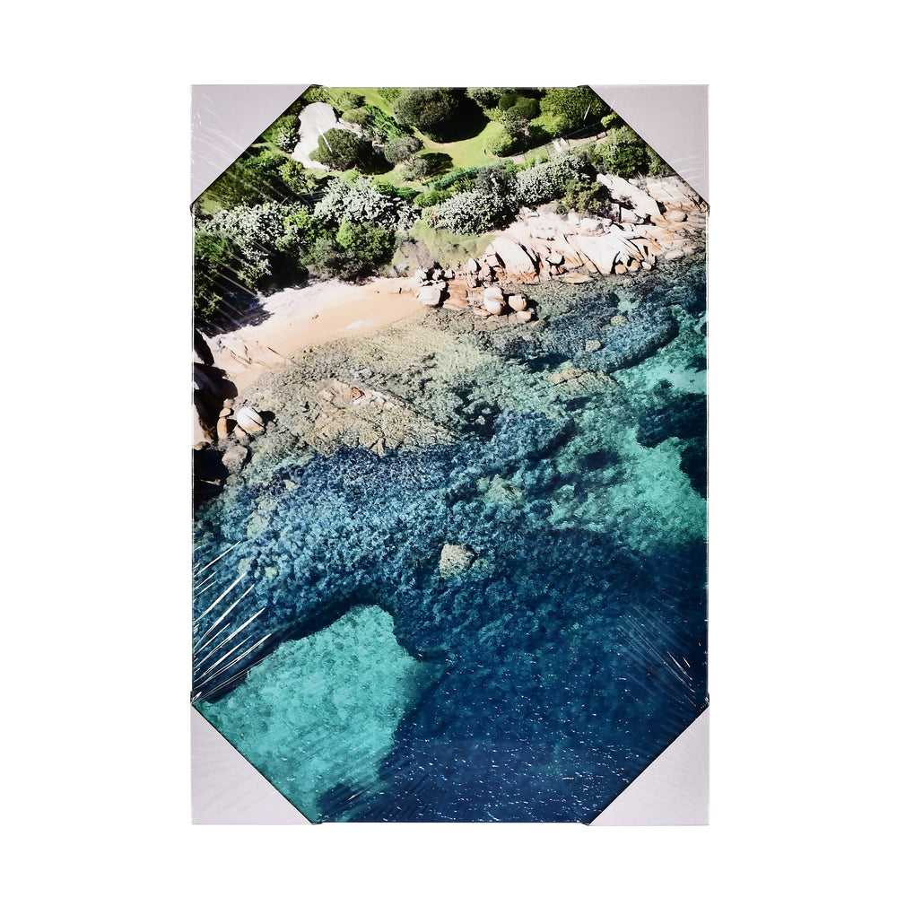 Close-up of one Ocean canvas panel showing an aerial beach and clear turquoise water