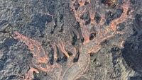 Aerial drone photo of branching orange lava flows cutting through gray volcanic rock