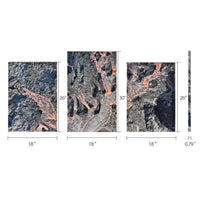 Dimensions graphic for the 3-Panel Lava canvas: panels 18 inches wide, 26 and 30 inches tall, 0.79 inch deep