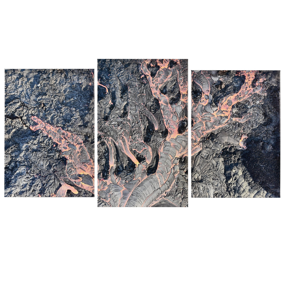 3-Panel Lava canvas art straight-on view of glowing lava rivers across dark volcanic terrain