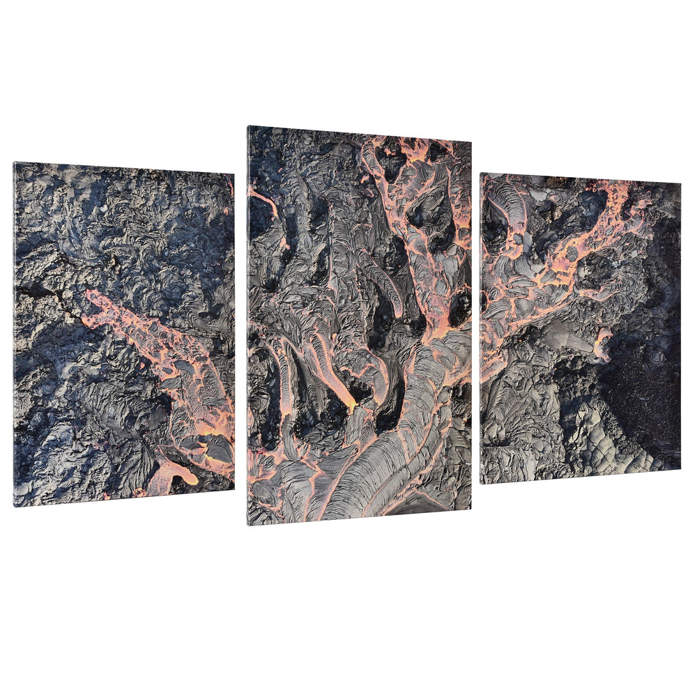 3-Panel Lava canvas art angled view of molten lava flows through cooled black rock