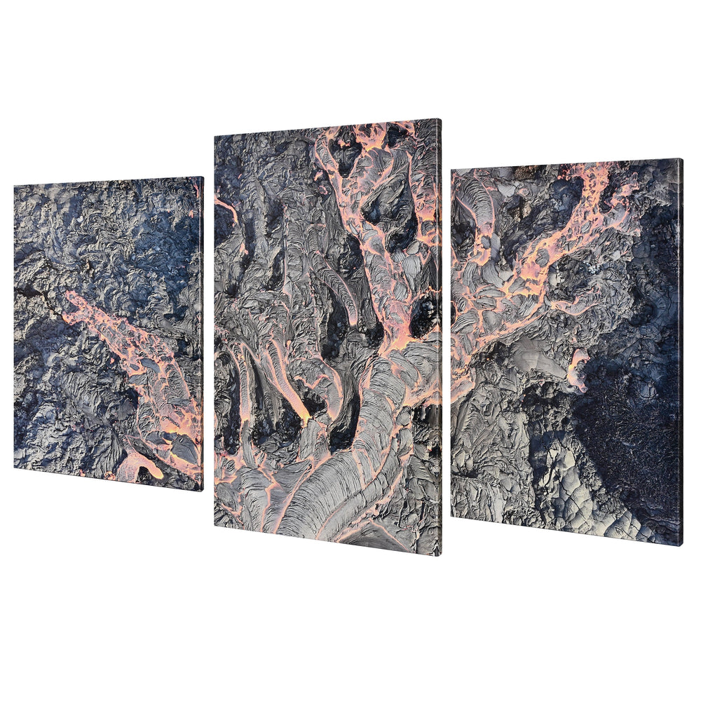 3-Panel Lava canvas art angled view of glowing lava veins across black volcanic rock