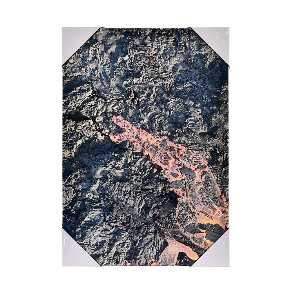 Close-up of one Lava canvas panel showing a bright orange lava flow through dark rock