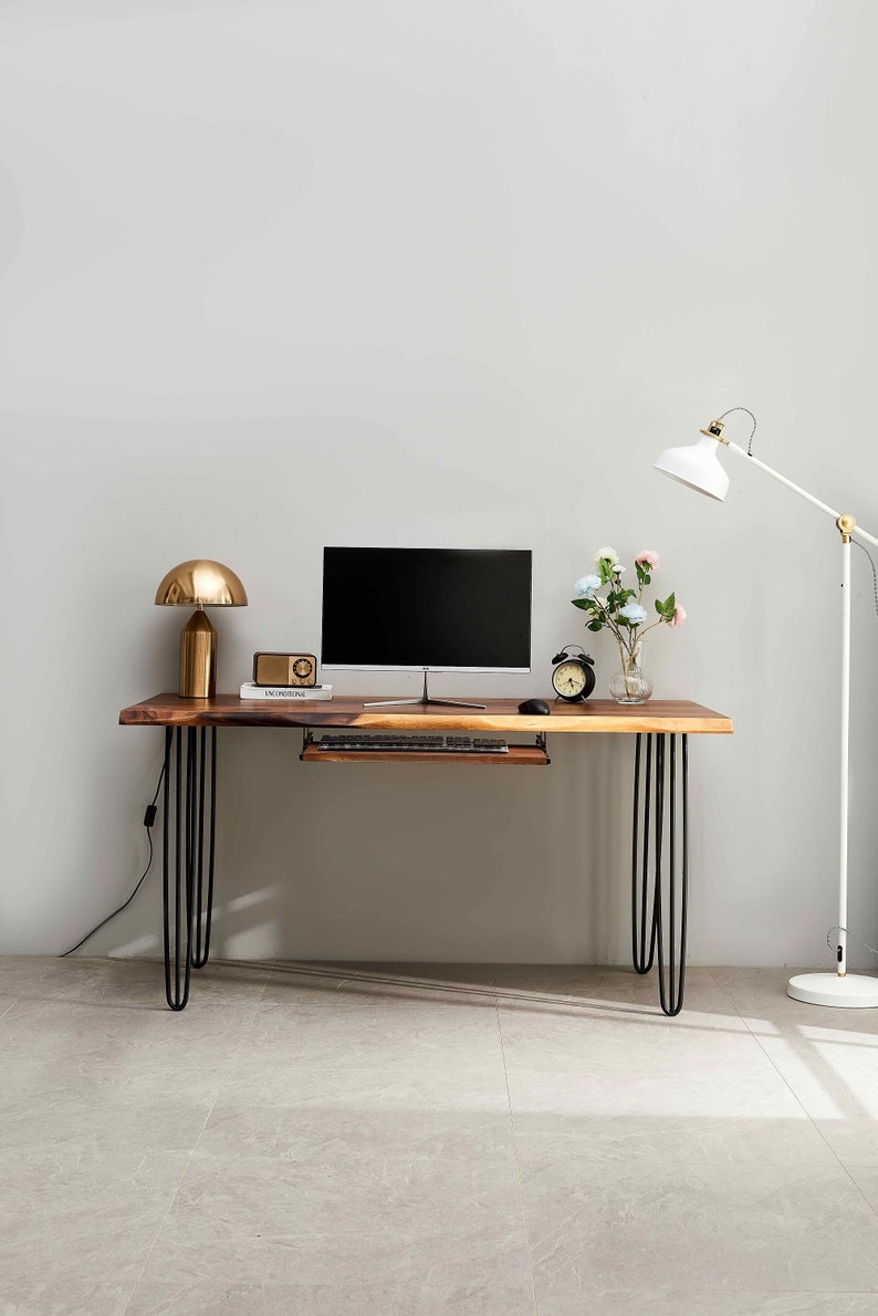 Walnut Keyboard Tray - Add-on shown on Live Edge Desk - Hairpin Legs