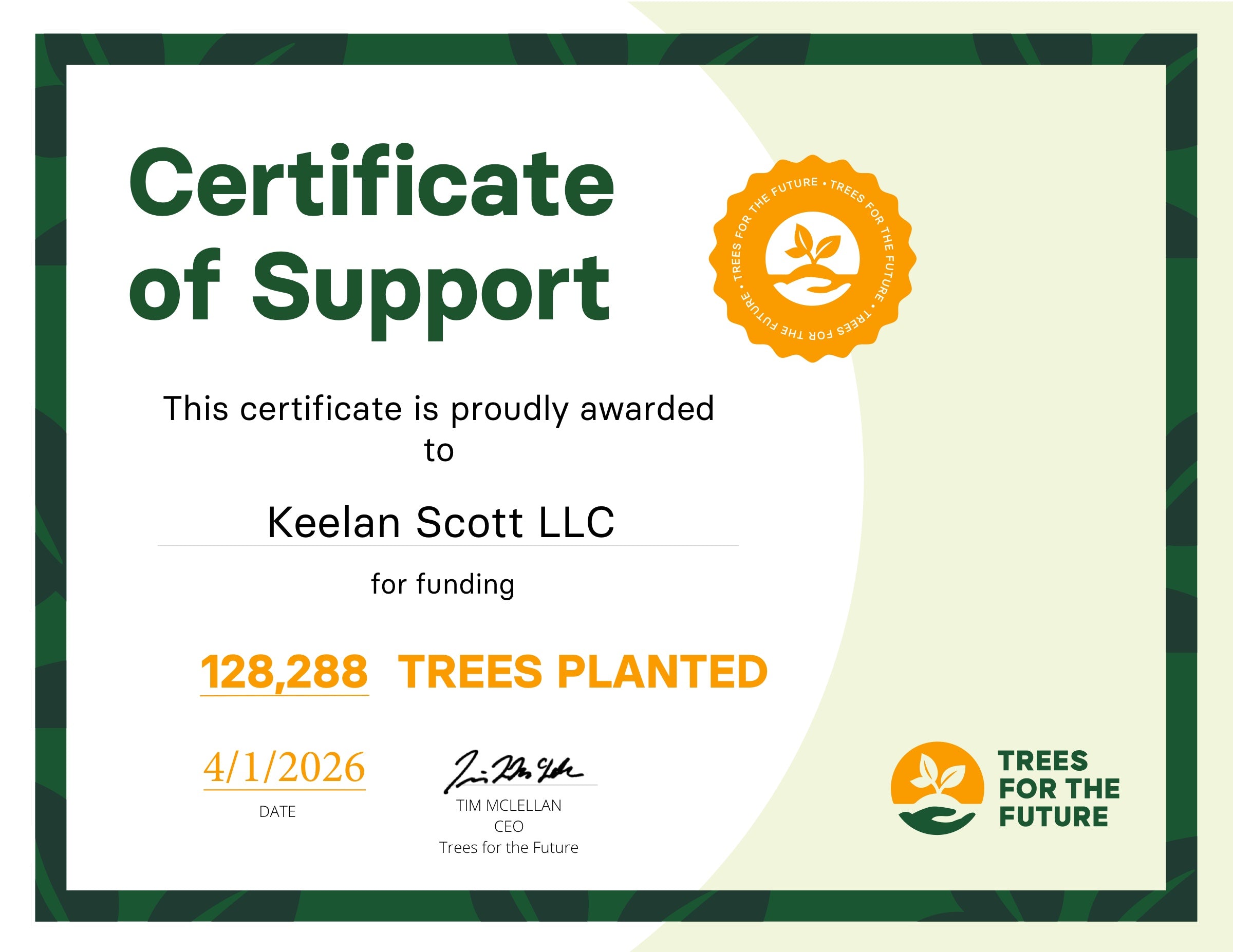 Certificate of Support - Trees for the Future