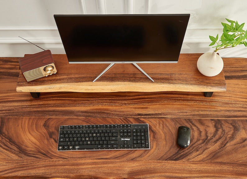 Live Edge Monitor Stand - Walnut shown on Live Edge Desk - Hairpin Legs