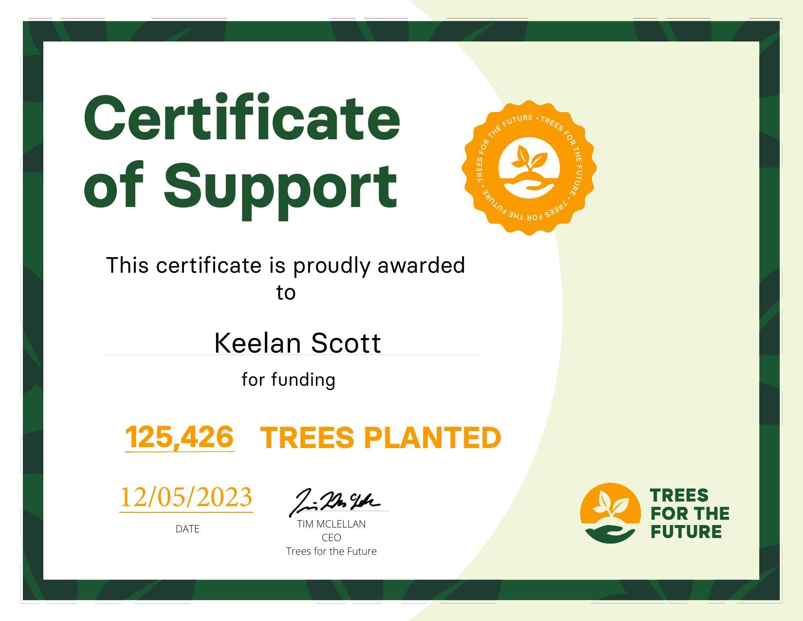 Certificate of Support - Trees for the Future