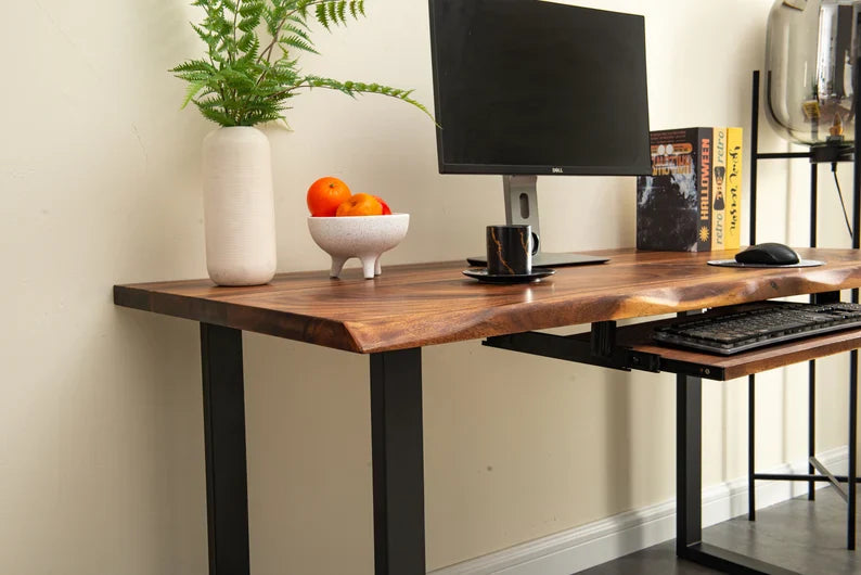 Walnut Keyboard Tray - Add-on shown on Adjustable Standing Desk - Black