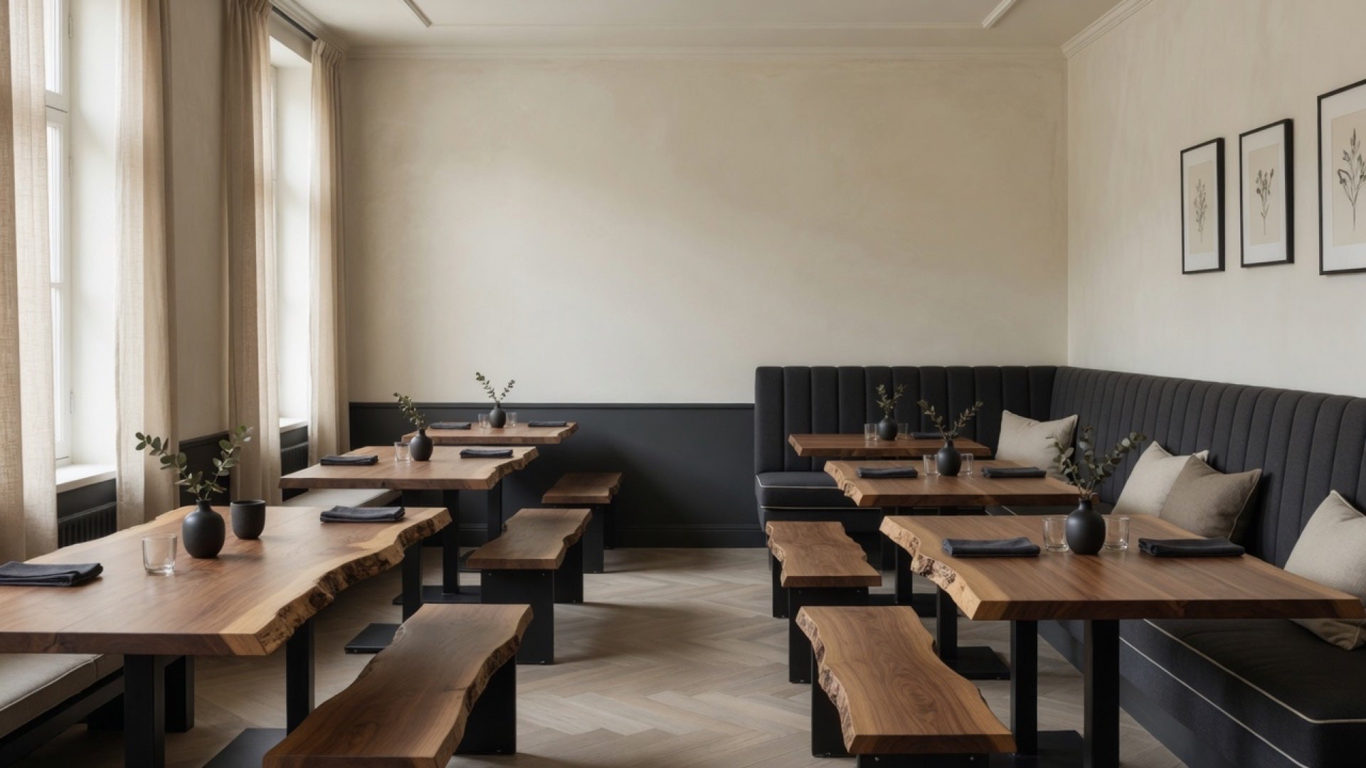 Restaurant dining room furnished with live edge walnut tables and benches